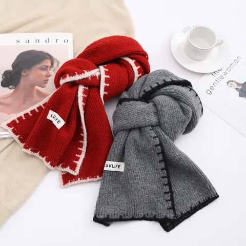 Dames Winter Warme Wollen Mix Sjaal Contrast Stiksteek Rand Dagelijks Casual