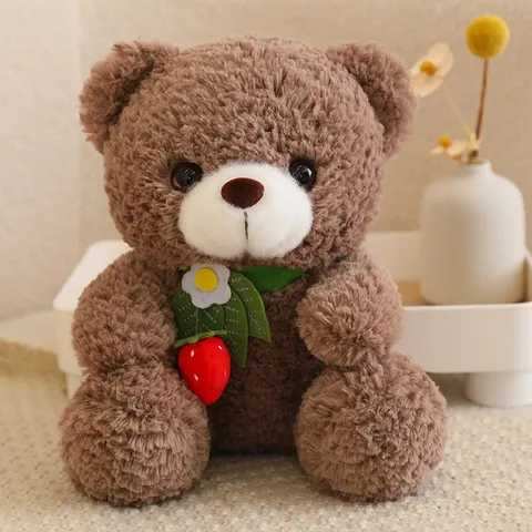 Cute Cartoon Bear Plush Toy Stuffed Animal Soft Doll with Strawberry Decor Kids Companion Gift