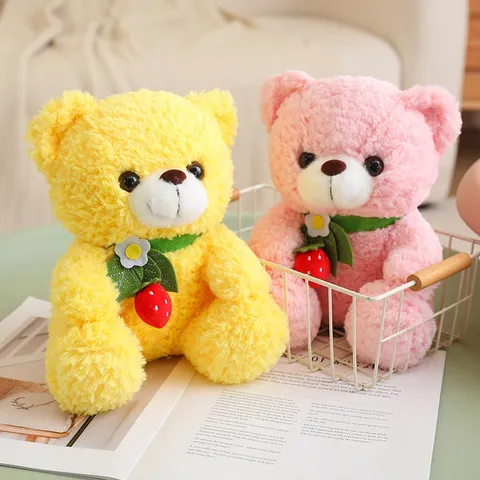 Cute Cartoon Bear Plush Toy Stuffed Animal Soft Doll with Strawberry Decor Kids Companion Gift