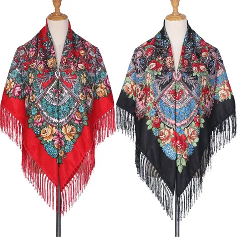 Etnische Vintage Bloemenprint Kwastje Vierkante Sjaal Voor Dames Warme Kunstkatoen Sjaal Hoofddoek Buitenaccessoire
