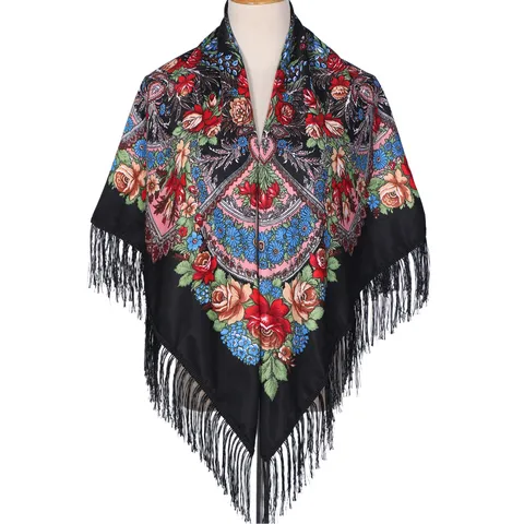 Etnische Vintage Bloemenprint Kwastje Vierkante Sjaal Voor Dames Warme Kunstkatoen Sjaal Hoofddoek Buitenaccessoire