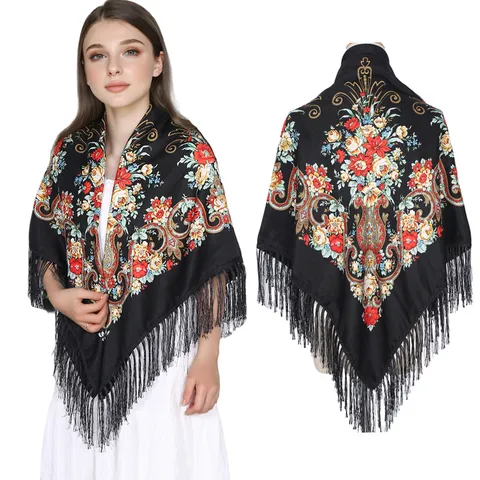 Russisch Vintage Etnisch Bloemenprint Kwastjes Grote Vierkante Sjaal Polyester Stola Voor Dames Mode-accessoires