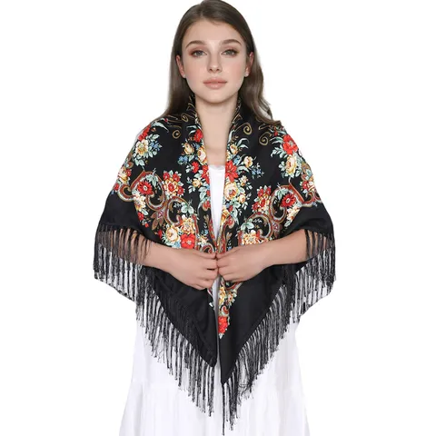 Russisch Vintage Etnisch Bloemenprint Kwastjes Grote Vierkante Sjaal Polyester Stola Voor Dames Mode-accessoires