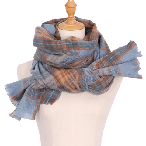 Vrouwen Winter Warme Sjaal Imitatie Kasjmier Blauw Ruitje Kwastjes Elegante Lange Sjaal Mode Halsdoek