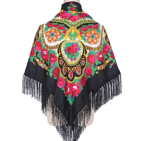 Women Ethnic Style Floral Printed Tassel Square Scarf Polyester Large Shawl Travel Photo Head Scarf