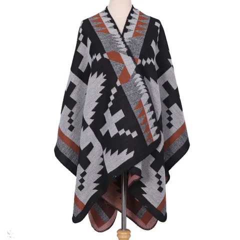 Vrouwen Winter Warm Imitatie Kasjmier Sjaal Vintage Ruit Open Voorzijde Cape Casual Reizen Bovenkleding Mode Sjaal