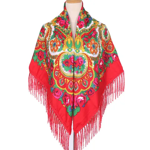 Women Ethnic Style Floral Printed Tassel Square Scarf Polyester Large Shawl Travel Photo Head Scarf