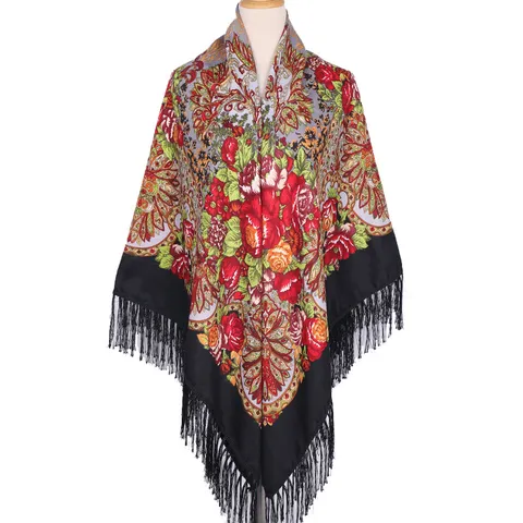 Vrouwen Retro Bloemen Print Sjaal Grote Vierkante Kwastjes Avond Feest Wikkel Polyester Mode Accessoires