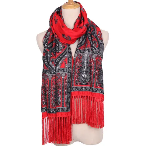 Boheemse Etnische Stijl Bedrukte Kwastjes Sjaal Vrouwen Lange Sjaal Veelzijdige Polyester Warme Zonnebescherming Mode Wrap