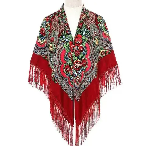 Dames Vintage Etnisch Bloemen Print Kwasten Sjaal Vierkante Doek Katoenmix Warm Houden Dagelijks Reizen Accessoires