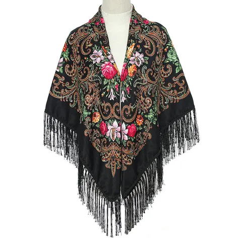 Vintage Etnische Bloemenprint Katoentwill Kwastjes Sjaal Grote Vierkante Sjaal Voor Dames