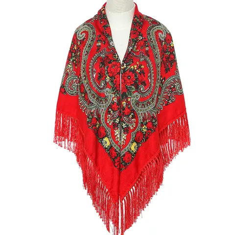Etnische Vintage Bloemenprint Kwastjes Sjaal Dames Grote Vierkante Sjaal Traditionele Russische Stijl Polyester Sjaal