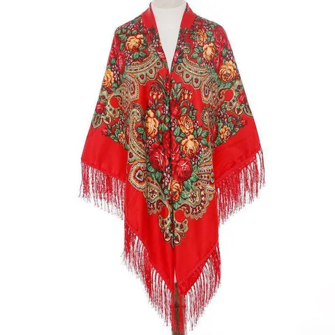 Women Vintage Ethnic Floral Print Tassel Shawl Large Square Scarf Retro Blanket Wrap Warm Winter Fashion Cape