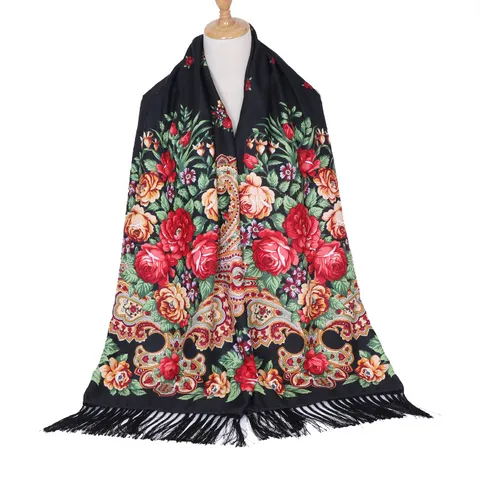 Dames Boheems Vintage Bloemenprint Lange Sjaal Etnische Stijl Kwasten Sjaal