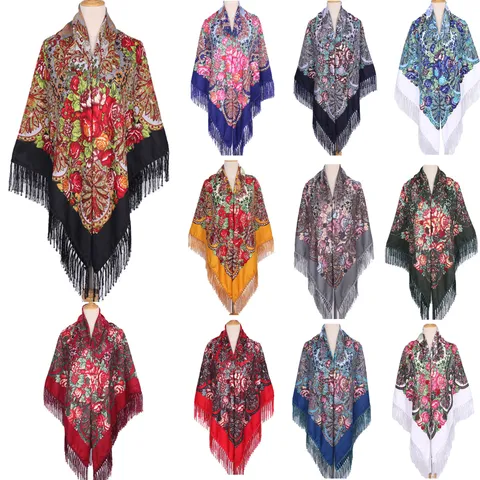 Vrouwen Retro Bloemen Print Sjaal Grote Vierkante Kwastjes Avond Feest Wikkel Polyester Mode Accessoires