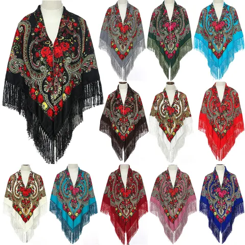 Etnische Vintage Bloemenprint Kwastjes Sjaal Dames Grote Vierkante Sjaal Traditionele Russische Stijl Polyester Sjaal