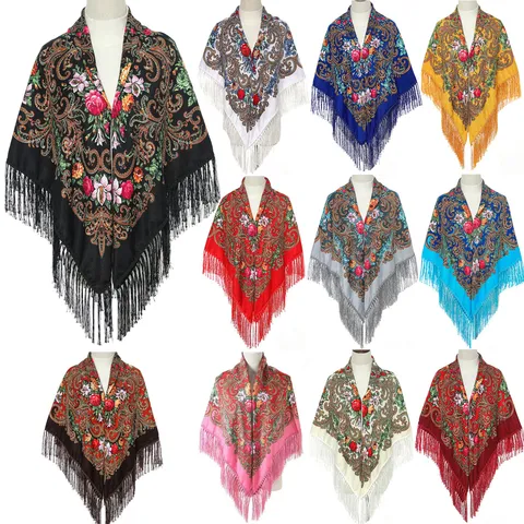 Vintage Etnische Bloemen Print Kwast Vierkante Sjaal Voor Vrouwen Warme Winter Stola Mode Hoofdsjaal