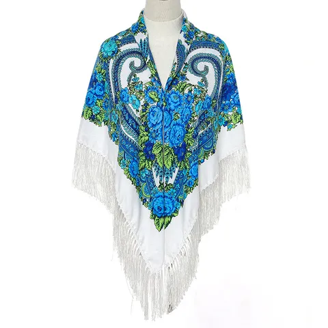 Vrouwen Retro Etnische Bloemenprint Vierkante Sjaal Grote Maat Kwast Sjaal Veelzijdig Warm Polyester Mode Sjaal