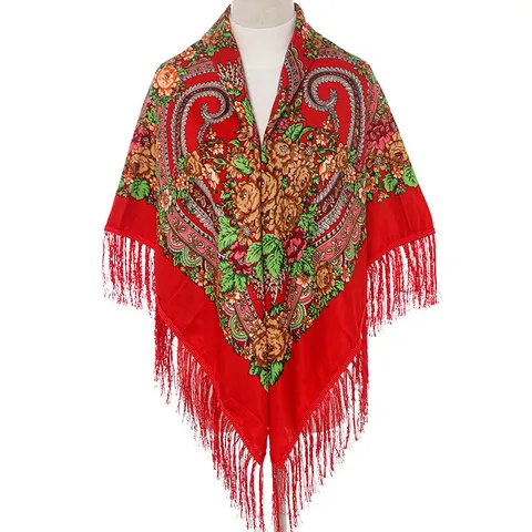 Vrouwen Retro Etnische Bloemenprint Vierkante Sjaal Grote Maat Kwast Sjaal Veelzijdig Warm Polyester Mode Sjaal