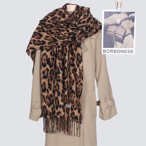 Klassieke Luipaardprint Imitatie Kasjmier Sjaal Voor Dames Winter Verdikte Kwastjessjaal Mode Warme Nekomslag