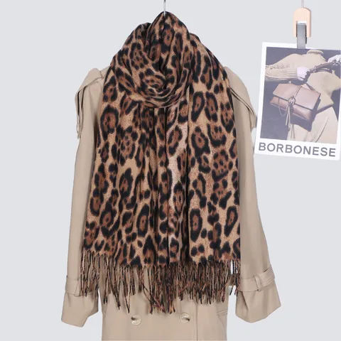 Klassieke Luipaardprint Imitatie Kasjmier Sjaal Voor Dames Winter Verdikte Kwastjessjaal Mode Warme Nekomslag