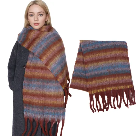 Vrouwen Winter Warm Lange Franje Gestreepte Sjaal Retro Verdikt Zachte Polyester Nekwarmer Mode Casual Sjaal Wikkel