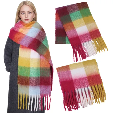 Women Winter Thickened Mohair Blend Plaid Scarf Long Tassel Warm Shawl Fashion Oversized Checkered Neck Scarf