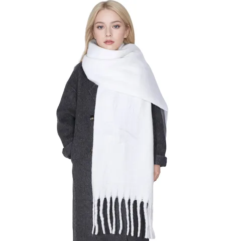 Dames Winter Effen Kleur Verdikte Warme Kwast Sjaal Lange Polyester Sjaal Mode Zachte Wrap Koud Weer Kleding