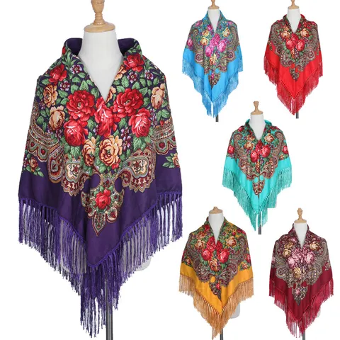 Dames Etnische Stijl Bloemenprint Kwastje Sjaal Retro Russische Vierkante Sjaal Zachte Twill Katoen Warme Hoofdsjaal