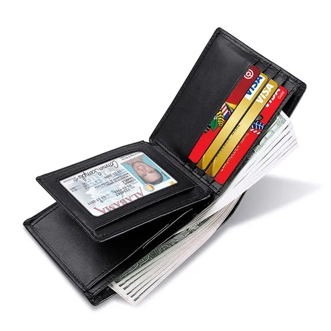 Billetera Hombre Cuero Genuino Corta Bifold Multi Tarjetero Bloqueo RFID Monedero Casual de Negocios Vintage
