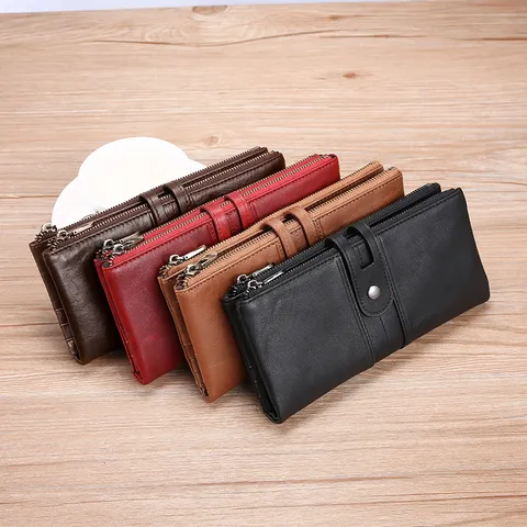 Cartera Larga de Cuero Genuino para Hombre Vintage Business Clutch Bloqueo RFID Ranuras Múltiples Cremallera Botón Monedero