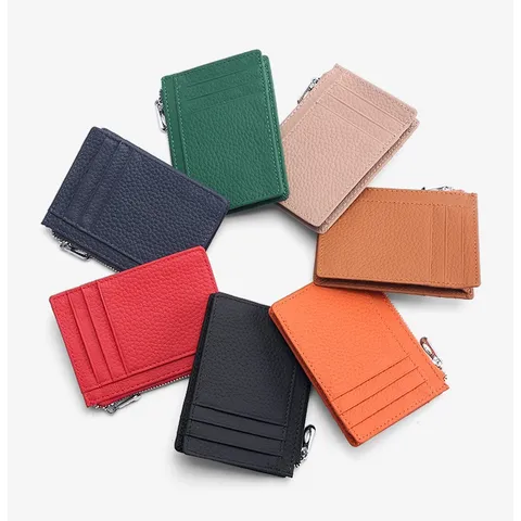 Tarjetero minimalista de cuero genuino bloqueo RFID cartera delgada para tarjetas de crédito múltiples ranuras estuche con cremallera hombres mujeres