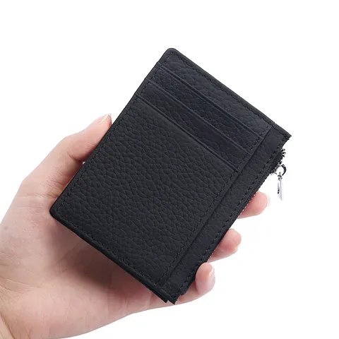 Tarjetero minimalista de cuero genuino bloqueo RFID cartera delgada para tarjetas de crédito múltiples ranuras estuche con cremallera hombres mujeres