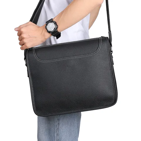 Mens Business Genuine Leather Shoulder Bag Casual Horizontal Messenger Bag Top Layer Cowhide Briefcase Daily Commute