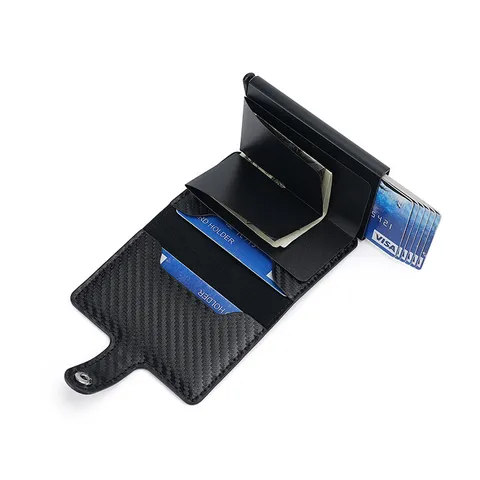 Tarjetero de Aluminio con Bloqueo RFID para Hombre Textura de Fibra de Carbono Cuero PU Cartera Pop-Up Automática