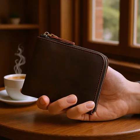 Monedero de Cuero Genuino Vintage Para Hombres Mujeres Mini Monedero Ultra Delgado Cartera Retro de Piel de Vaca con Cremallera