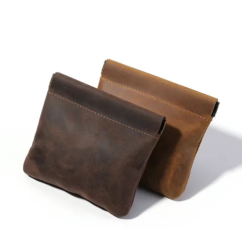 Retro Cuero Auténtico Mini Monedero de Metal Portátil Cartera Delgada para Unisex