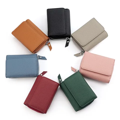 Billetera Tríptico de Cuero Auténtico para Mujer Bloqueo RFID Monedero Compacto Pequeño Tarjetero con Bolsillo de Cremallera para Monedas
