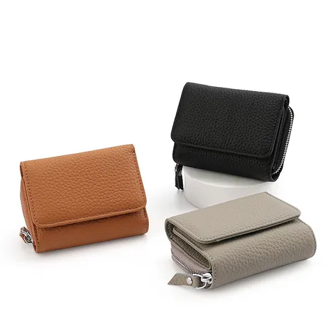 Billetera Tríptico de Cuero Auténtico para Mujer Bloqueo RFID Monedero Compacto Pequeño Tarjetero con Bolsillo de Cremallera para Monedas