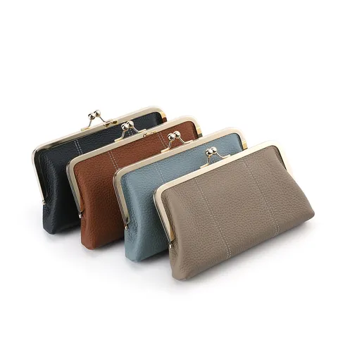 Cartera Larga de Cuero Verdadero para Mujer Monedero Vintage con Cierre Metálico Bolso de Mano de Gran Capacidad Tarjetero Minimalista