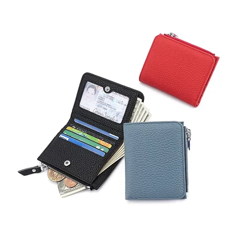 Cartera Corta de Piel Auténtica para Mujer Piel de Vaca Protección RFID Monedero con Cremallera Tarjetero Cierre a Presión