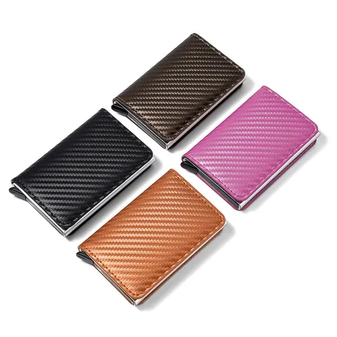 Tarjetero Automático Emergente de Fibra de Carbono Cartera de Cuero PU Metal Bloqueo RFID Estuche Delgado Organizador de Tarjetas