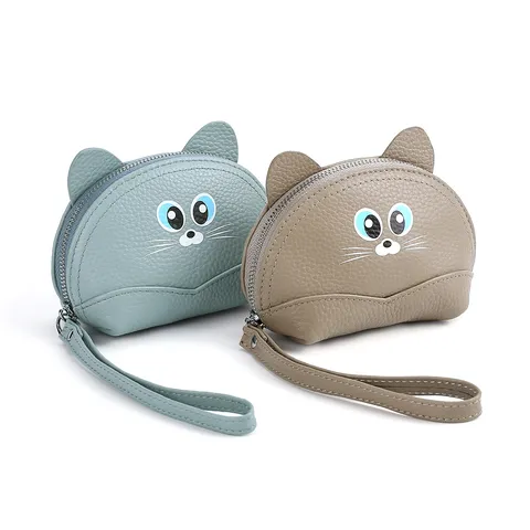 Monedero de Cuero Genuino para Mujer Patrón de Gatito Lindo Cuero Vacuno Mini Bolsita para Monedas Cremallera Tarjetero Con Correa de Muñeca