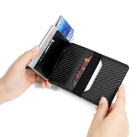 Tarjetero Automático Emergente de Fibra de Carbono Cartera de Cuero PU Metal Bloqueo RFID Estuche Delgado Organizador de Tarjetas
