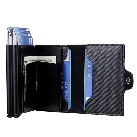 Tarjetero Automático Pop-Up para Hombre Monedero de Cuero PU de Fibra de Carbono Estuche Delgado para Tarjetas de Crédito de Negocios