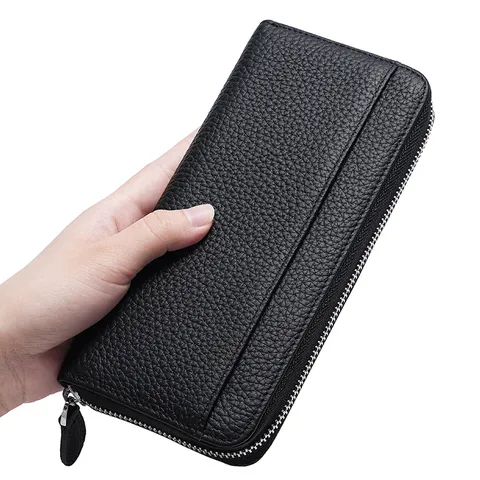 Cartera Larga de Cuero Genuino para Hombre Bloqueo RFID Cremallera Tarjetero Monedero Negocios Casual Múltiples Ranuras para Tarjetas