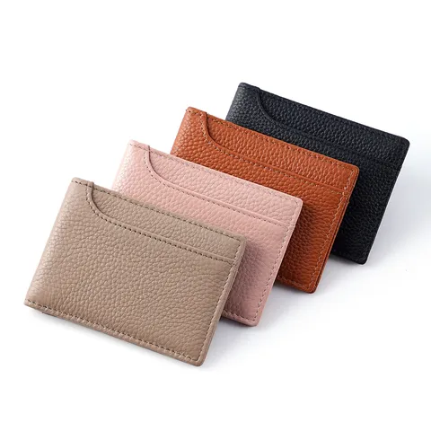 Tarjetero Minimalista de Piel de Vacuno con Patrón de Lichi Estuche para Permiso de Conducir Cartera Unisex Ultra Fina