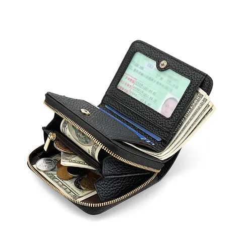 Monedero de Cuero Genuino para Mujer RFID Bloqueo Piel de Vaca Corto Cremallera Tarjetero