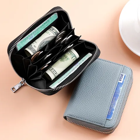 Monedero de Cuero Genuino para Mujer Bloqueo RFID Mini Cartera Tarjetero Multiranuras Cremallera Monedero
