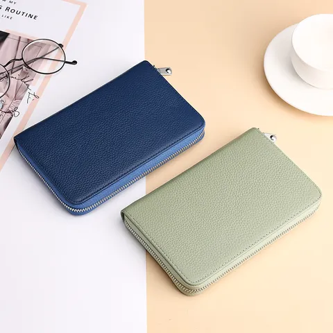Billetera Larga de Cuero Vacuno para Hombre Bloqueo RFID Tarjetero Multifuncional Cartera de Mano de Negocios con Cremallera